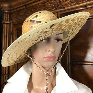 Natural Wide Straw Brimmed Hat with Lariat Chin Strap